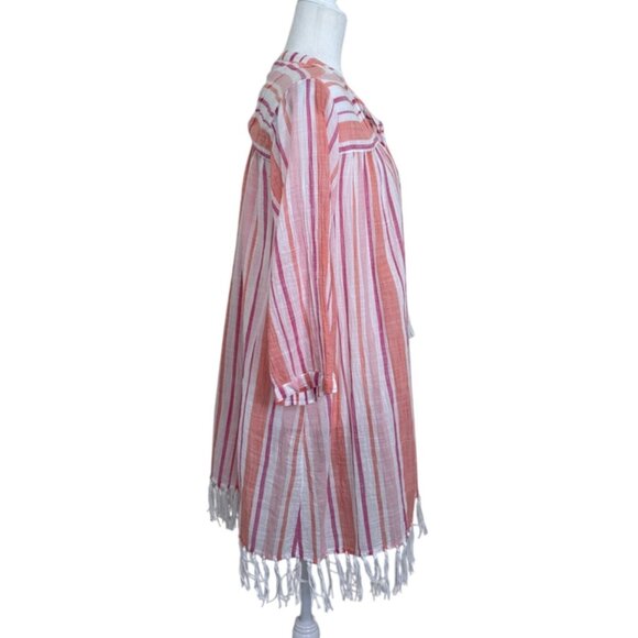 Roller Rabbit Womens Tunic Top Pink Striped Cotton Cover-Up Tassel Fringe XL - Picture 2 of 8